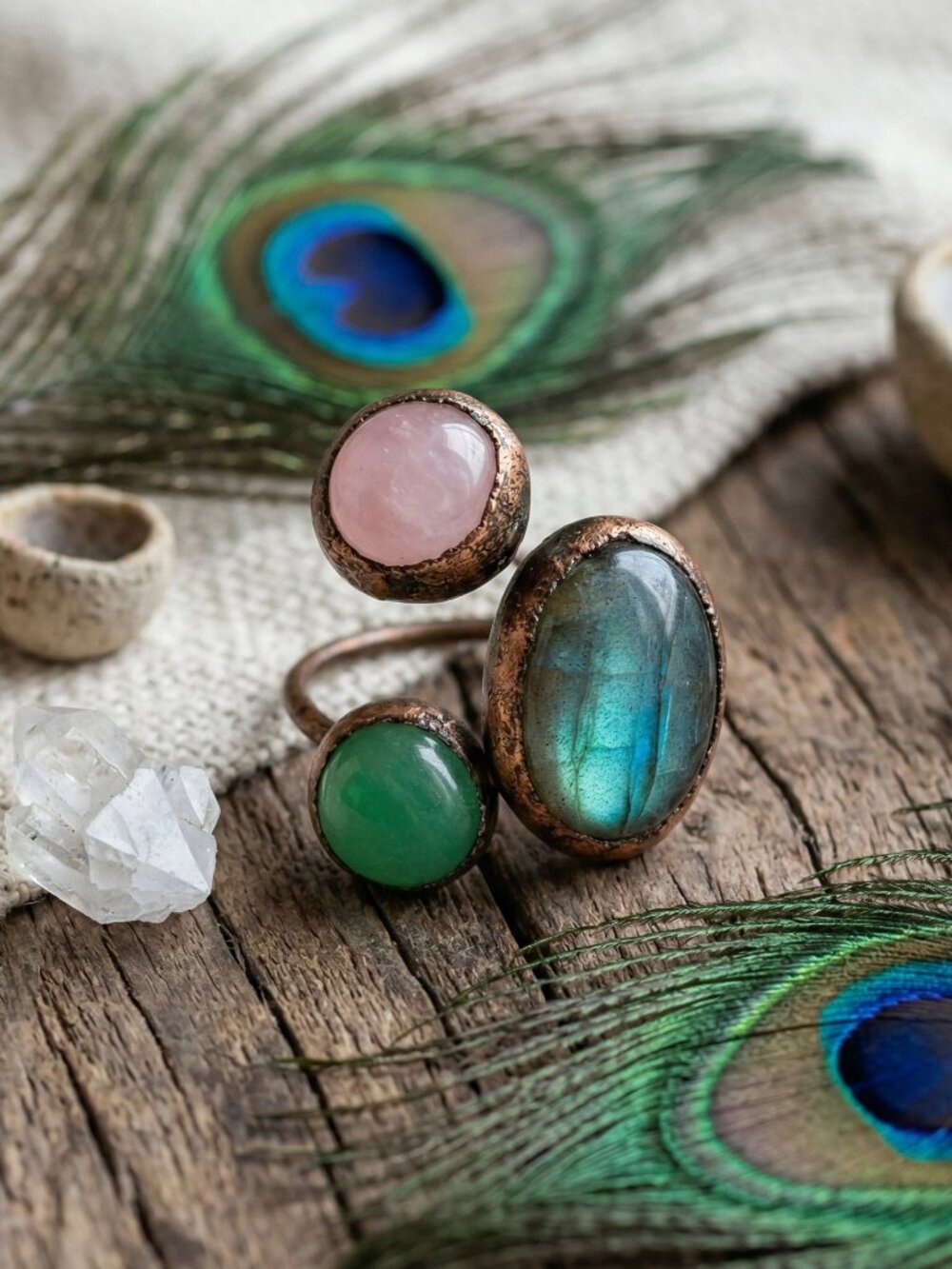 Boho Copper Ring Rose Quartz Aventurine Labradorite Adjustable Healing Crystal - Picture 4 of 15